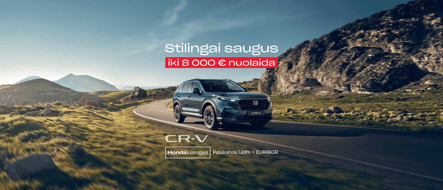 A Honda CR-V drives on a winding mountain road, with Lithuanian promotional text advertising up to €8,000 discount.