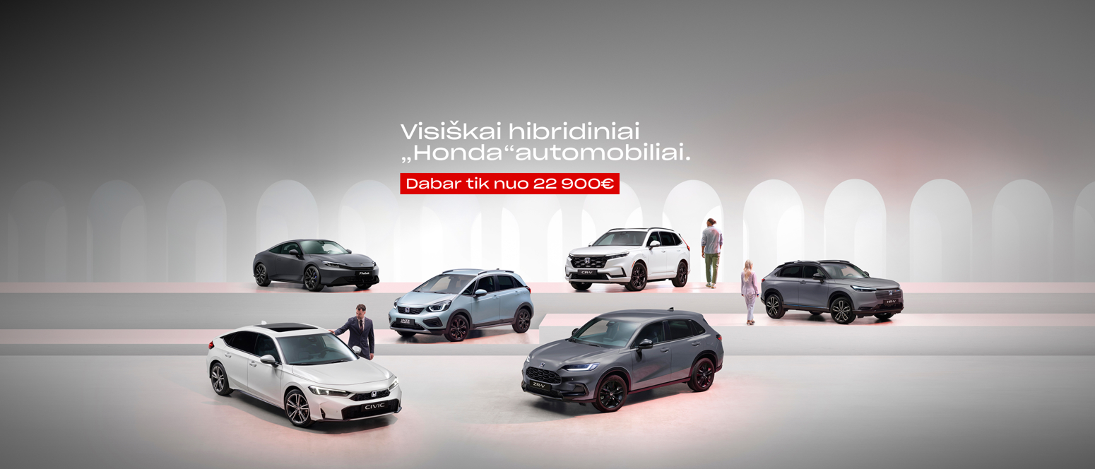 Five Honda hybrid cars are lined up with people nearby; Lithuanian text shows prices from 22,900 euros.