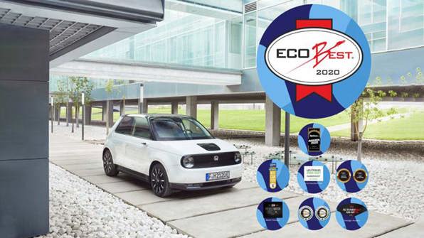 Parking white Honda e with the title of Eco Best 2020.