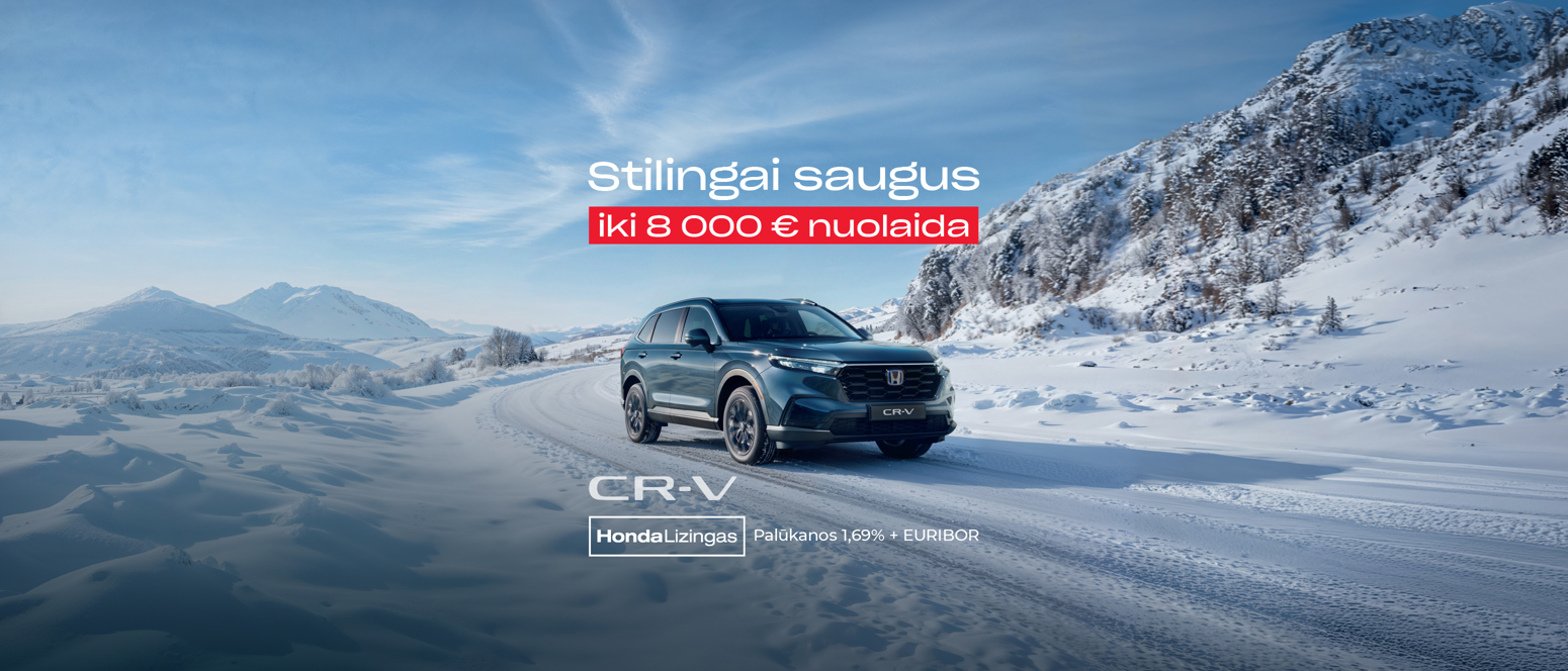 A dark blue Honda CR-V drives on a snowy mountain road, with text advertising up to 8,000 euro discount in Lithuanian.